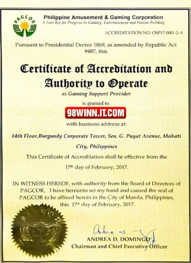 Giấy phép hoạt động 98win